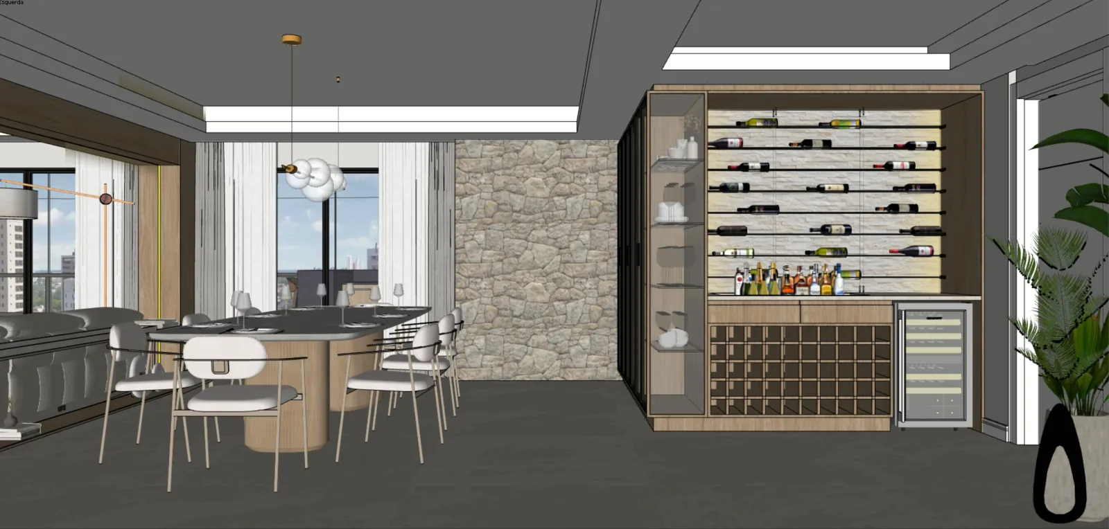 Print da viewport do SketchUp: sala de jantar com adega, ainda sem tratamento de luz